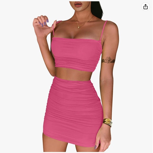 Hot Pink 2 Piece Body Con Cami Crop Top and Ruched Mini Skirt Dress Medium - EUC - Picture 6 of 7